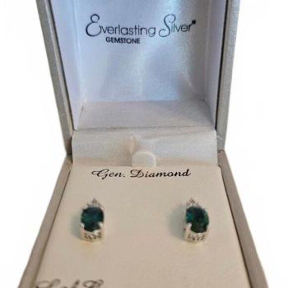 Sterling Silver Emerald and Diamond Accent Earrings NIB - Picture 3 of 4